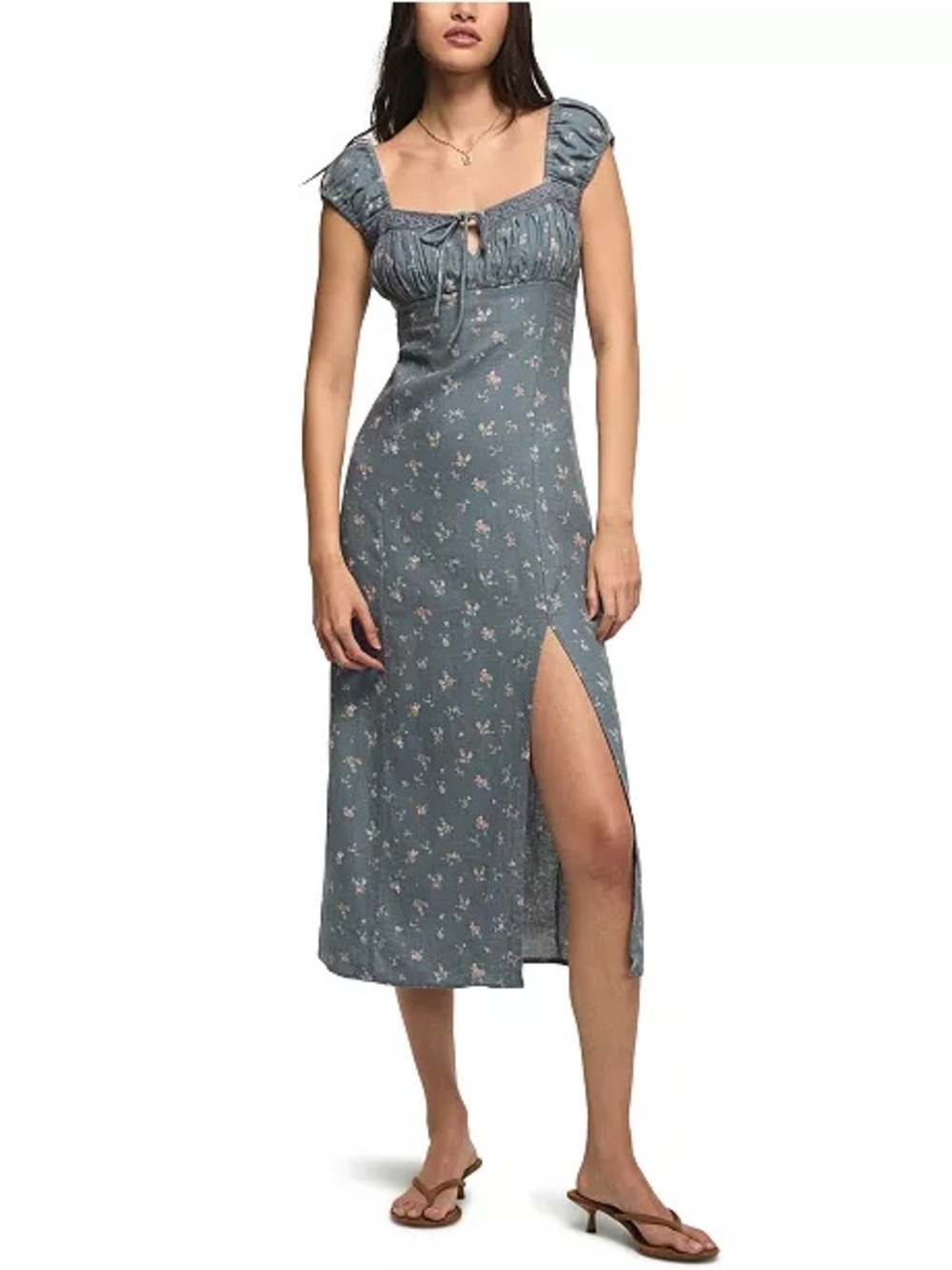 Lucky Brand Dusty Blue Floral Smocked Waist Dress
